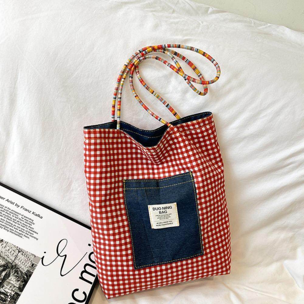 

Тканевая джинсовая сумка через плечо в стиле ретро-бохо, простая двусторонняя клетчатая холщовая сумка для улицы L