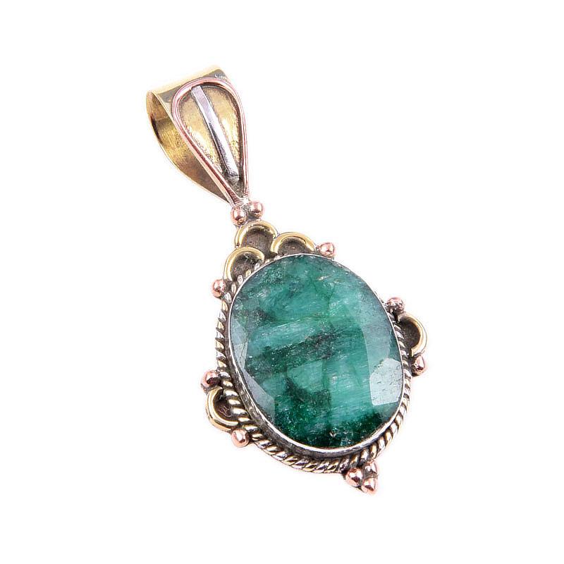 Emerald(Simulated) Handmade 925 Sterling Silver Gift Two Tone Pendant 1.5" T8D13