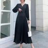 Women Slim Pleated Maxi Dress with Belt Female Streetwear Vintage Dress Tie Front Dress  Robe