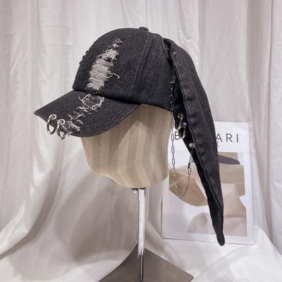 Dark Color Rabbit Ears Baseball Cap Denim Ripped Design Y2k Trend Cap Adjustable Street Wear Baseball Cap Fashion Statement