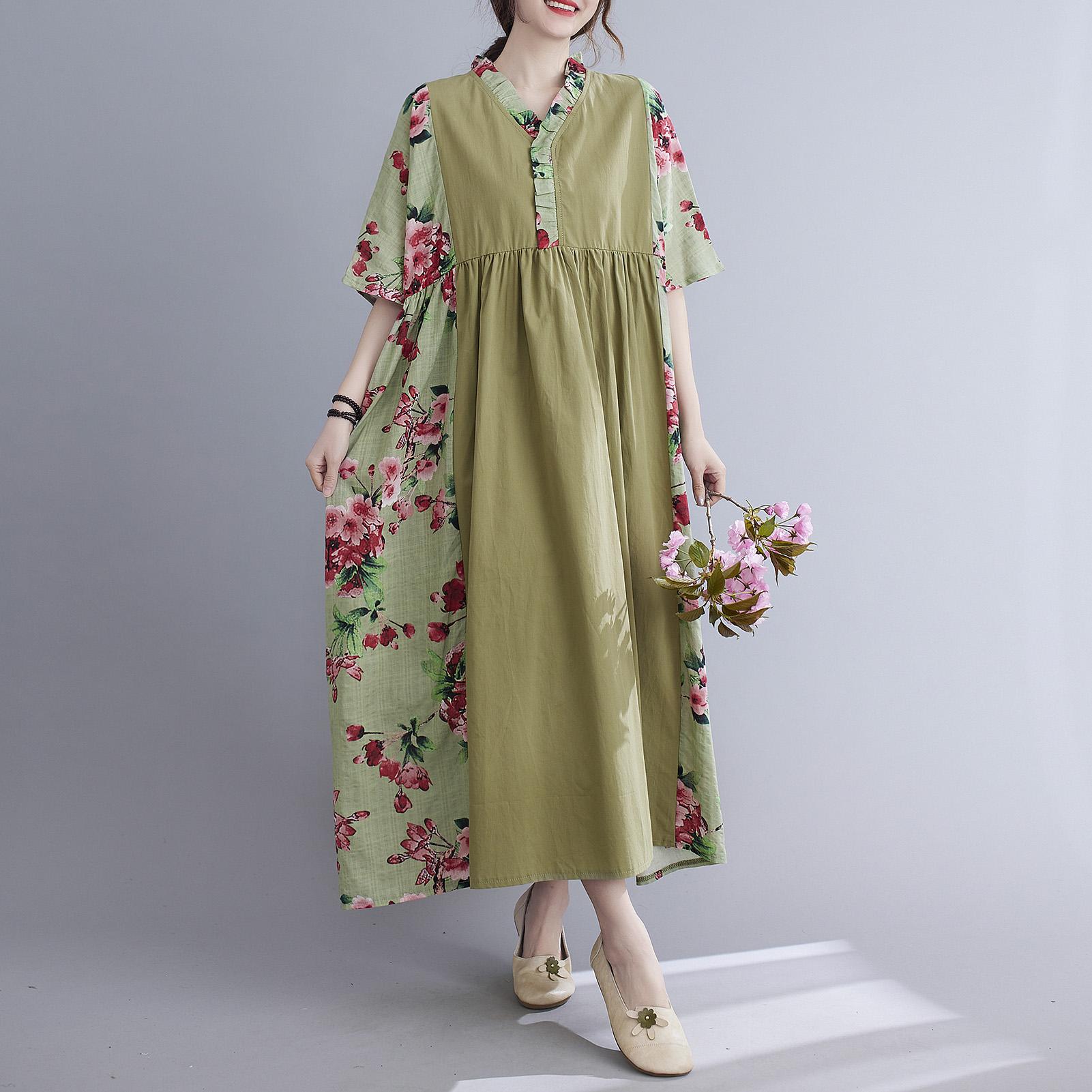 

Винтажное женское хлопково-льняное платье с принтом V-образным вырезом и коротким рукавом, свободное повседневное платье с карманами