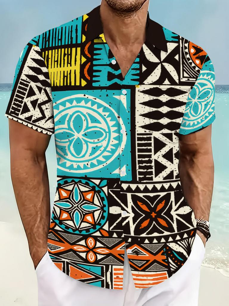 Men's Bright Geometric Print Hawaiian Shirt- Short Sleeve Button-Up- Summer Vacation and Holiday Clothing Plus Size Men's Top Casual Short Sleeve