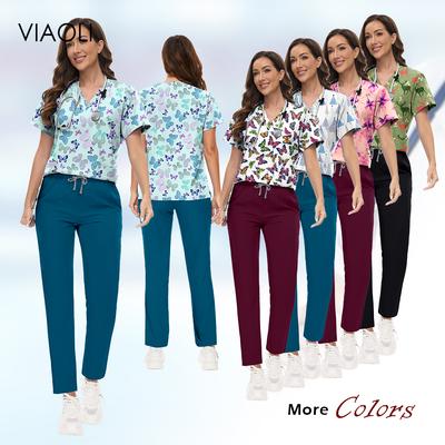 Printed Scrub Uniform Set V Neck Short Sleeves Pockets Top Medical Soft Scrub Pants Sets Nurse Surgical Uniforms Woman