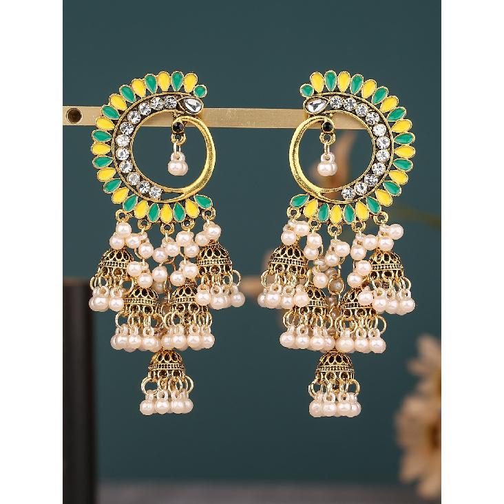 Ethnic Style Peacock Painted Pearl Bell Earrings Unique Design Vintage Rhinestone Tassel Earrings for Women, Long Style