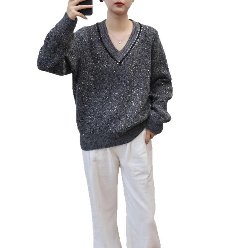 Long-sleeved Sequined High-end Knitted Sweater Top Autumn and Winter New Loose Design Sweater Pullover Woman