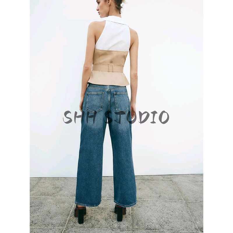 Spring and Summer New Women's Clothing with Belt Hanging Collar Patchwork Fashion Sleeveless Polo Collar Top 2609615