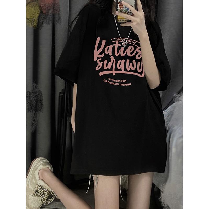 Bla Oversize Loose Cotton Ort Sve T-irt Women's Summer 2023 Sle Korean Round Ne Print Casual Faion Top