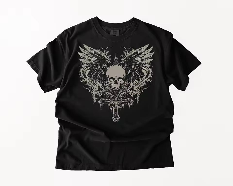 Men's Gothic Skull & Wings Graphic T-Shirt – Crowned Skeleton with Dripping Cross – Dark Streetwear – Oversized Tee