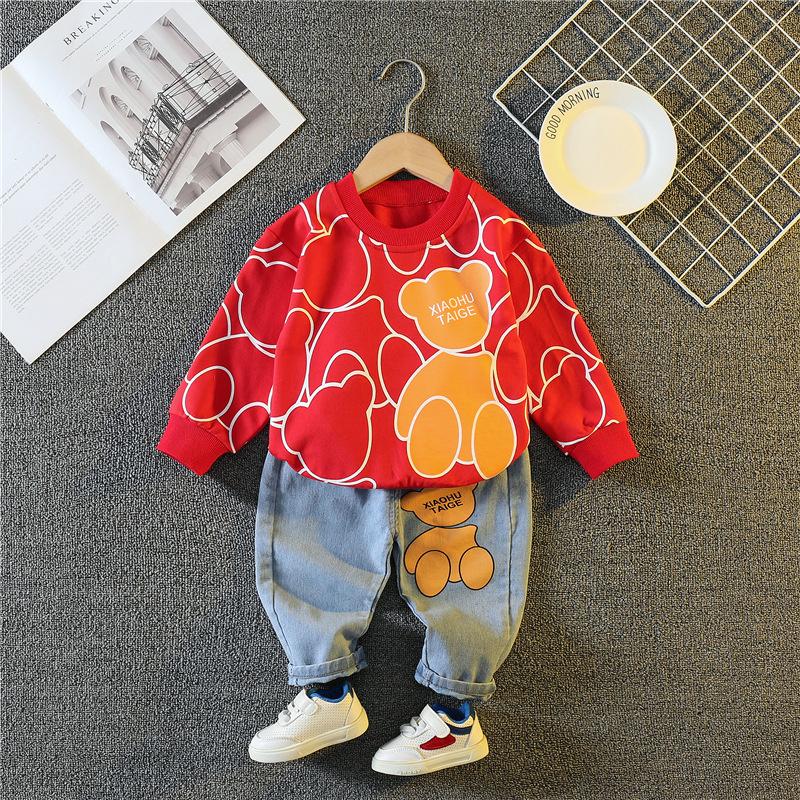 Nouveaux Vêtements Bébé Fille Printemps Automne Enfants Garçons Mode T-shirt Dessin Animé Pantalon 2 Pièces/Ensembles Costume de Sport Tout-Petit Survêtements pour Enfants 12M rouge