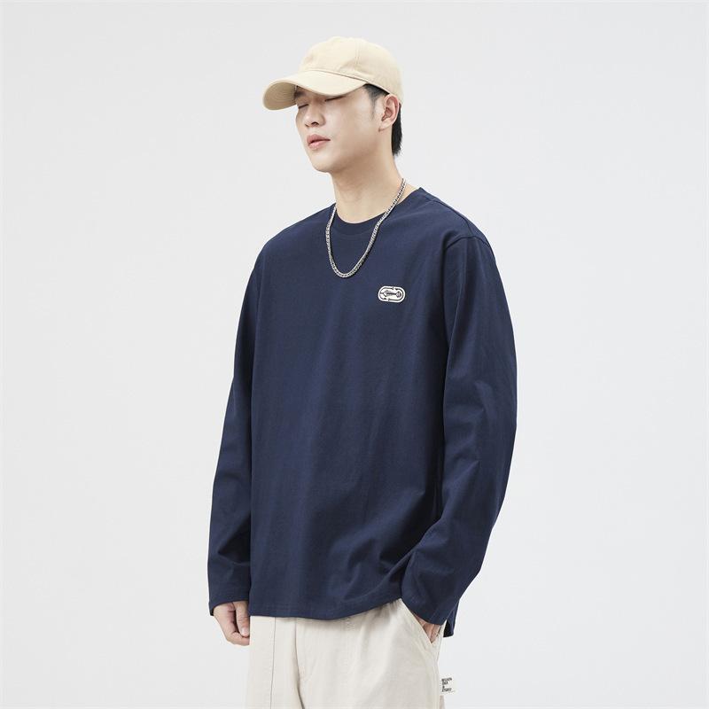New Heavyweight Long-sleeved T-shirt for Men's Printed T-shirt Loose Round Neck Slightly Lowered Shoulder Length T-shirt