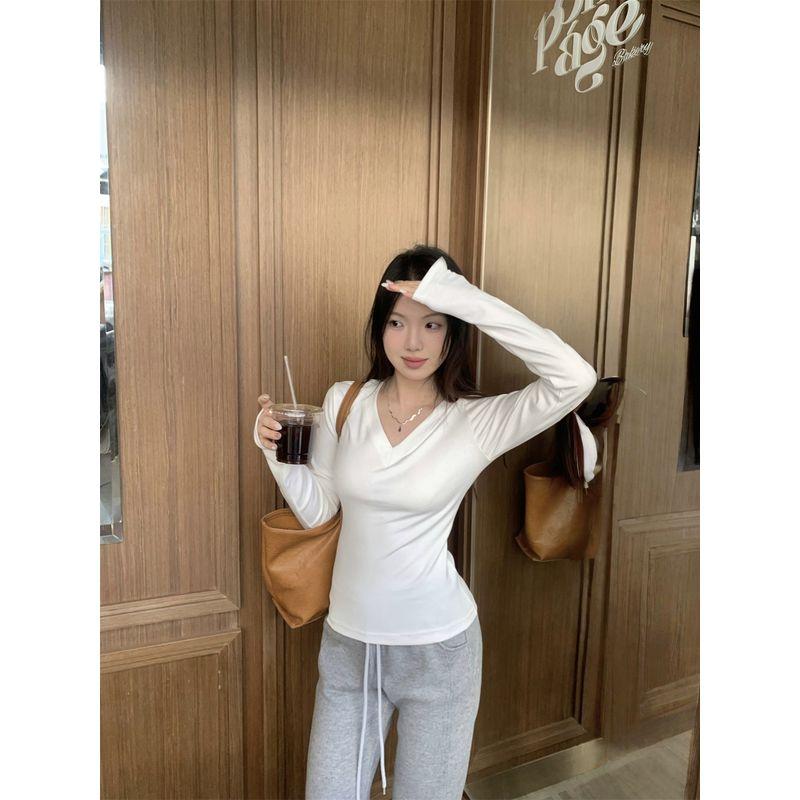 Kumikumi Basic Style Minimalist V Neck Long Sleeves T-shirt Women Fall Younger Slim-Fit Slim Looking Inner Bottoming Shirt Tops