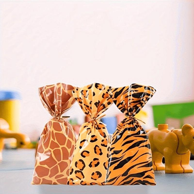 50 Pack Animal Print Gift Bags with Twist Ties - Giraffe, Leopard, Tiger Pattern Polypropylene Candy Bags for Party Favo