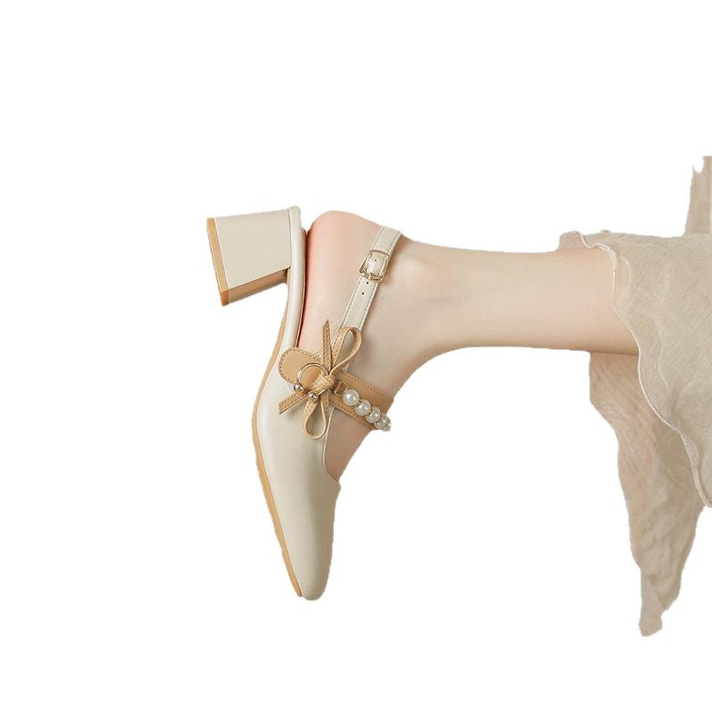 Vackra 5 cm Mary Jane Enkel Skor Flickor Fe Pärla Liten Högklack Tjock Klack Båge Mjuka Lädersandaler