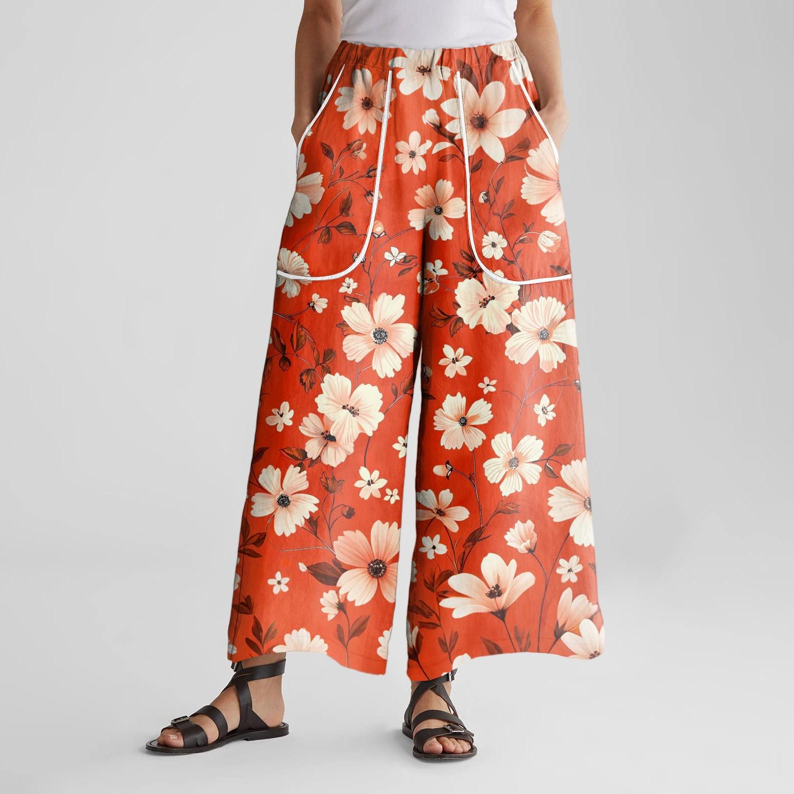 

Женские брюки широкие от бедра с эластичным поясом, с принтом, с большими карманами, с отделкой пэчворк по краю, свободные XL киноварь