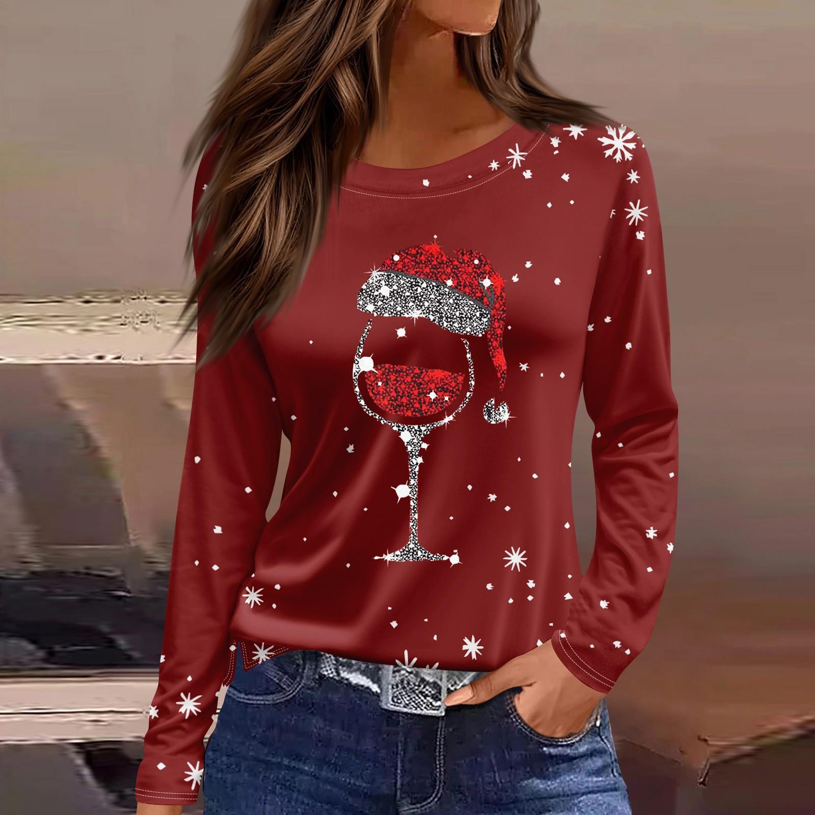 

Длинные рукава женские топы цветочный принт винтажная мода повседневные свободные с R-образным вырезом рубашки больших размеров Рождество XL винный