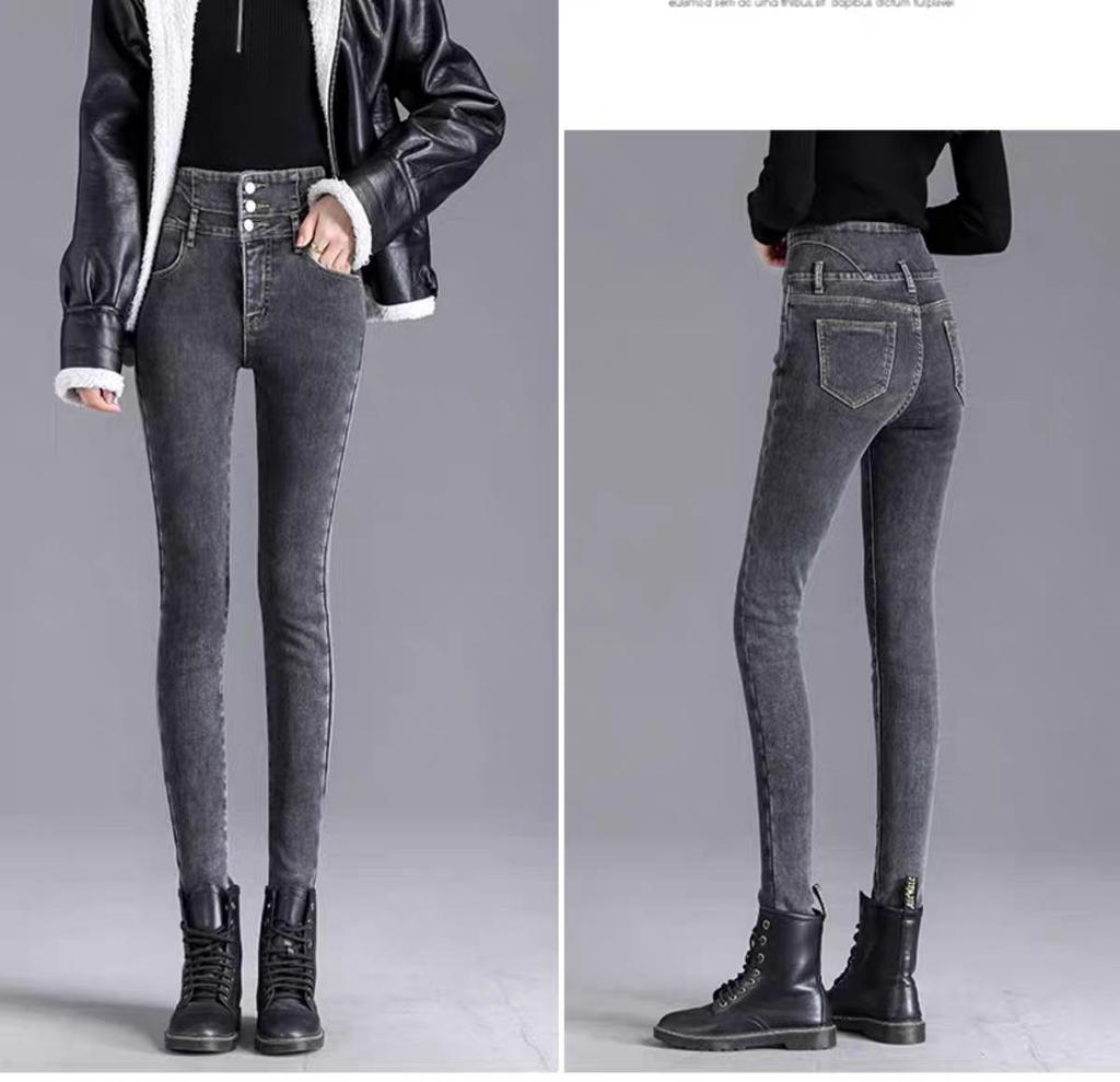 Women's High-Waisted Fleece-Lined Slimming Pencil Jeans - Autumn/Winter 2024 Straight-Leg Pants