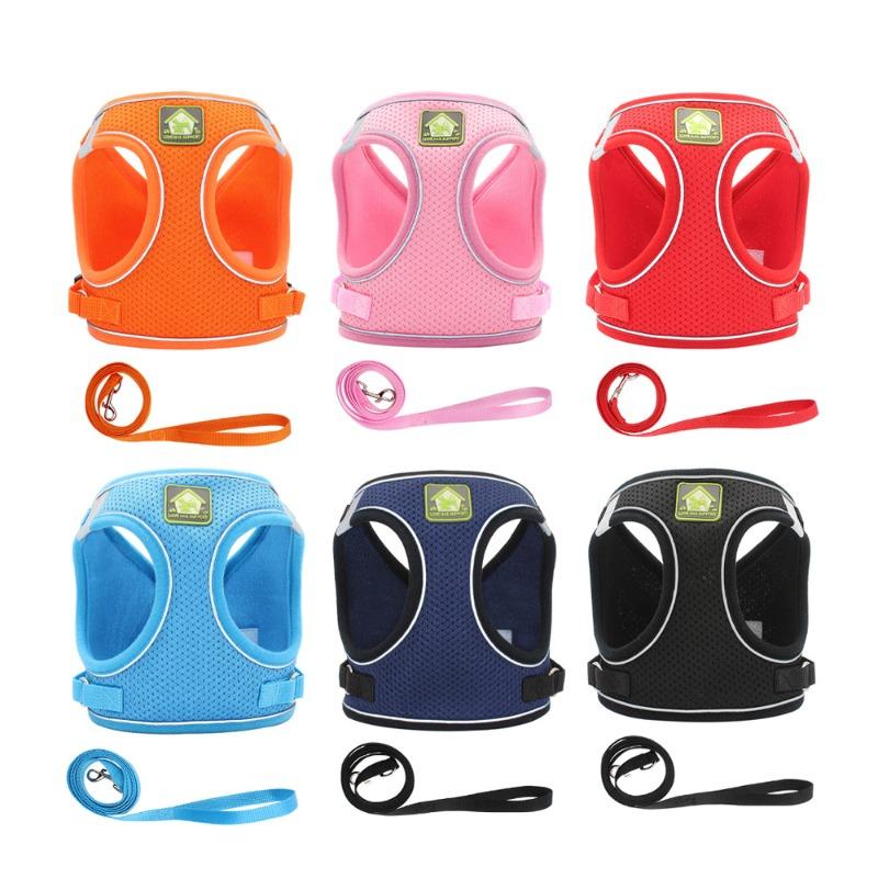 Breathable Mesh Reflective Dog Harness with Matching Traction Rope Adjustable Vest Chest Strap for Small Puppies Teddy Bichon Walking Supplies