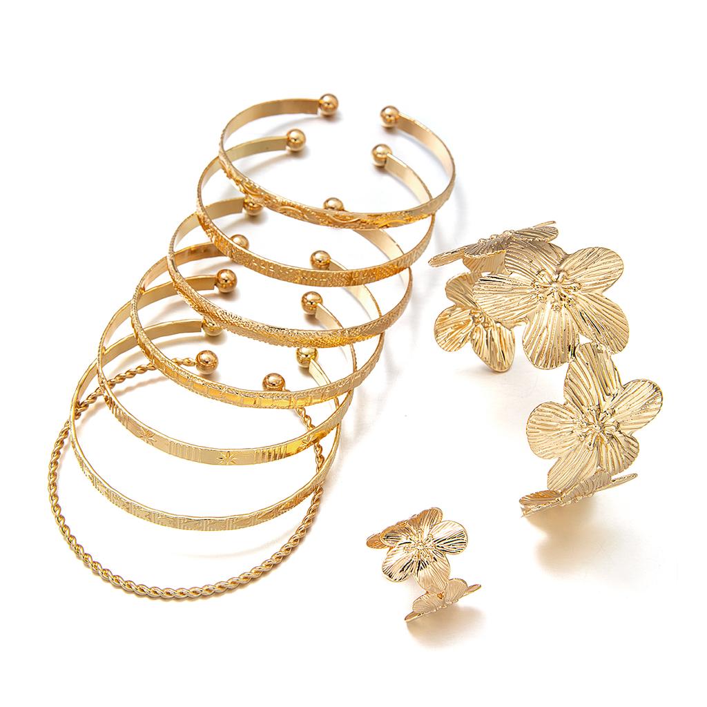 9-Piece Exaggerated Geometric Print Open Bracelet Flower Ring Jewelry Set for Women