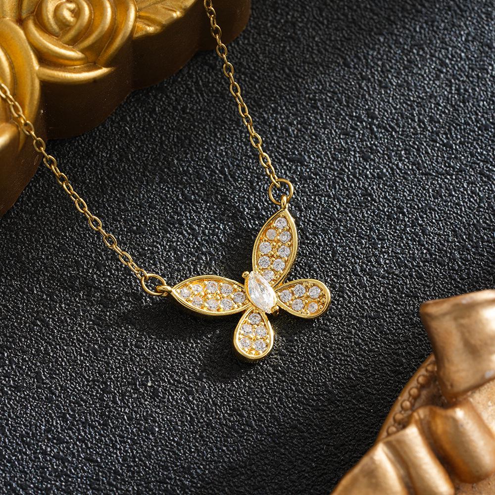 European Style Diamond Butterfly Necklace: White Gold Plated Choker for Women