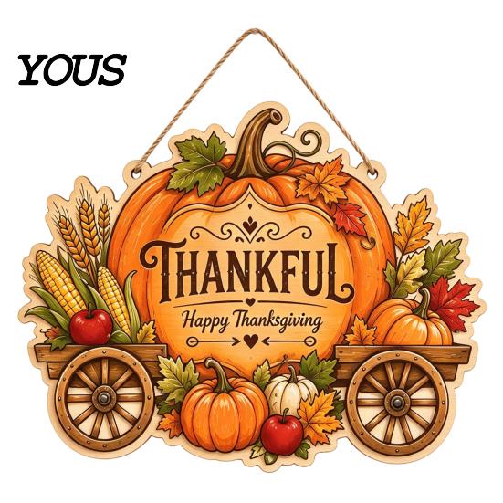 Indoor Outdoor Holiday Sign Thanksgiving Front Door Hanging Sign, Pumpkin Turkey Pattern Hanger, Autumn Ornament Harvest Wall for Farmhouse Porch Home