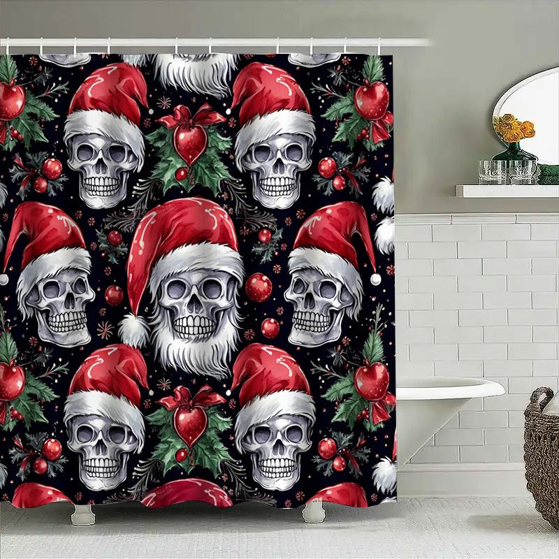X-Mas Skull Decorative Shower Curtain With Santa Hats Holly Leaves For Home Bathroom Decoration 3D Printed Waterproof Fabric (Bl