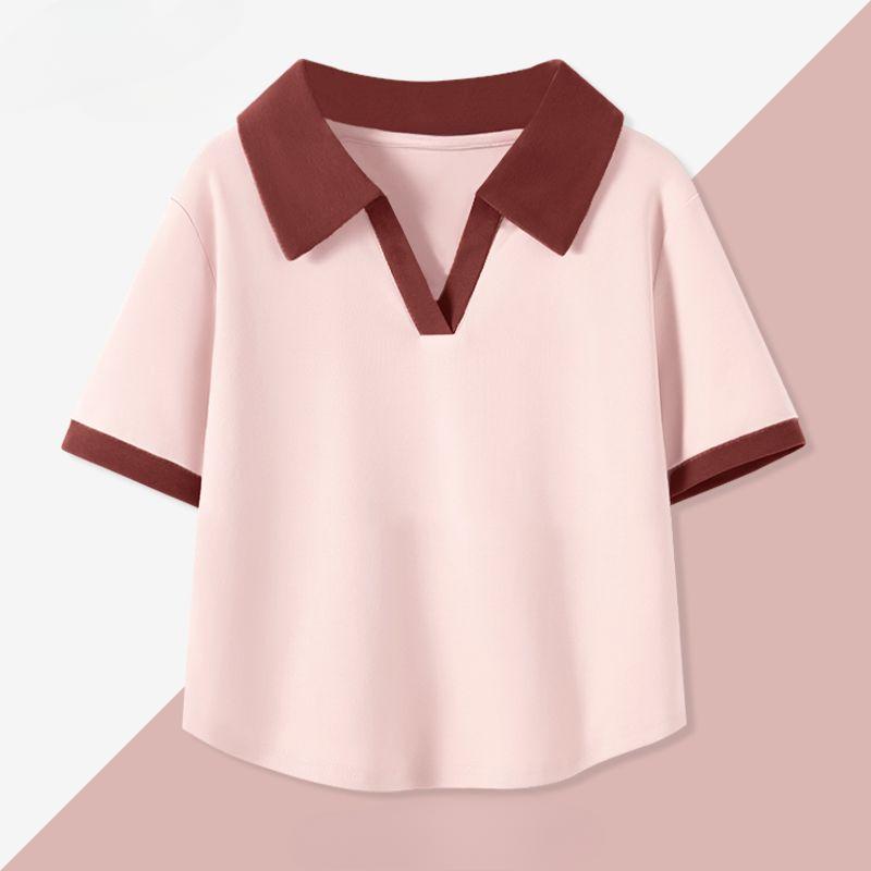 Summer Women Polo Shirt Short Sleeve Slim Fit Casual Color Block Tops Korean Style