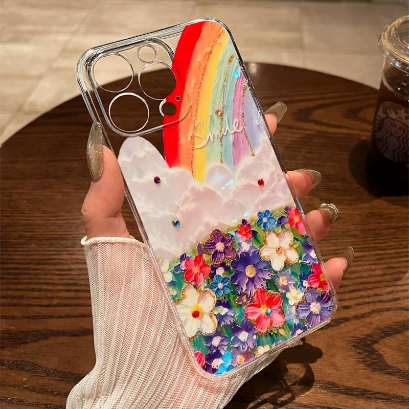 

Rainbow Floral Glitter TPU Phone Case For IPhone 15 14 13 12 11 Pro Max X XR XS 8 7 Plus, Clear Shockproof Protective Cover XIAOMI 17 Ultra різнокольоровий
