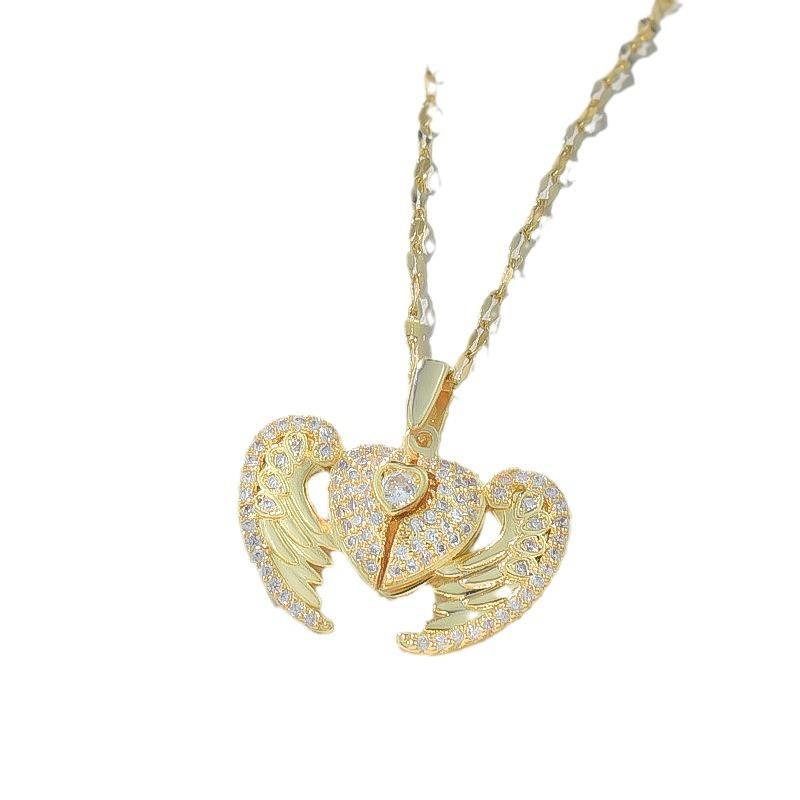Titanium Steel Love Necklace Women'S Senior Creative Personality Versatile Open And Close Angel Wings Pendant Jewelry