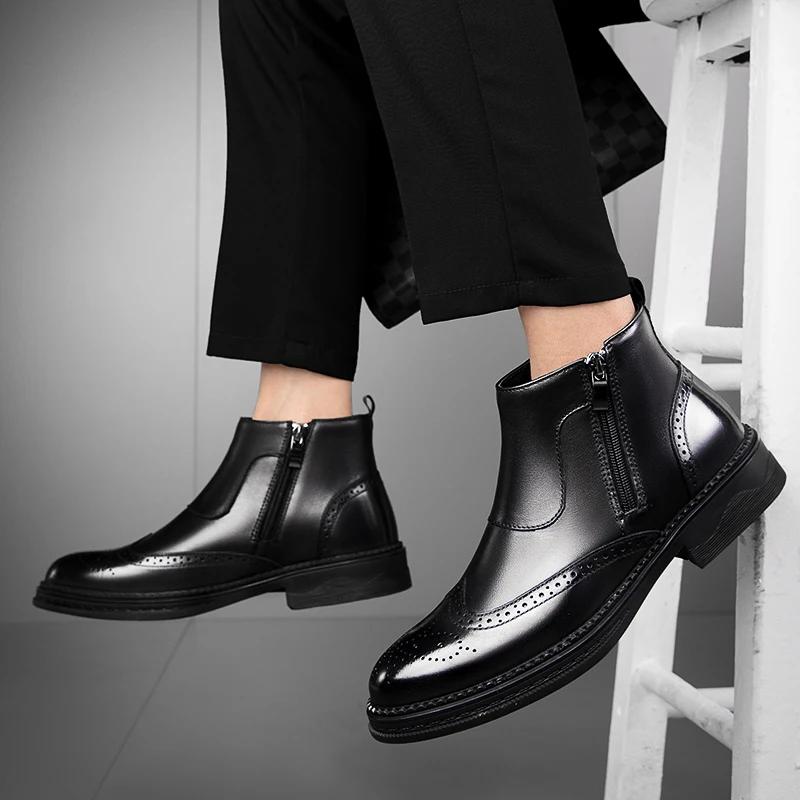 Fashion New British Style Brogue Shoes Genuine Leather Chelsea Boots Male Winter Shoes Plush Warm Shoes Fashion Zipper Men's Basic Boots