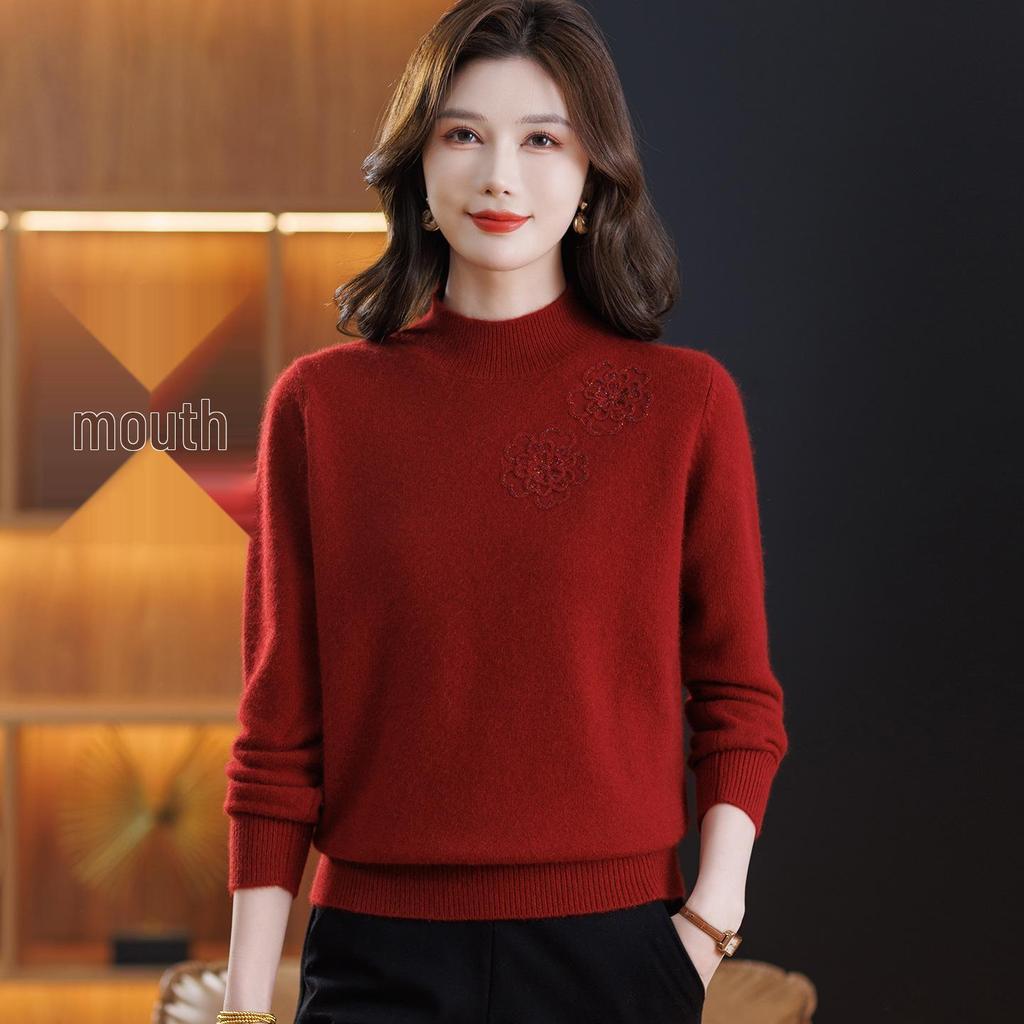 Women's Pure Wool Embroidered Sweater - Half-High Collar, Autumn/Winter, for Middle-Aged & Elderly, Warm Base Layer/Outerwear