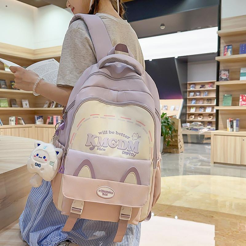 Letter Printed Cat Ears Design Student Backpack With Pendant For Daily Use