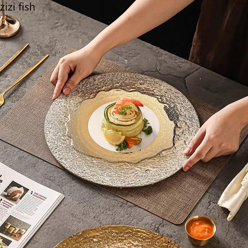 Ceramiczny płaski talerz w kolorze białego złota z wzorem kamienia, talerz na stek, talerz deserowy, naczynie do sushi, talerze do gotowania, kreatywna zastawa stołowa restauracyjna