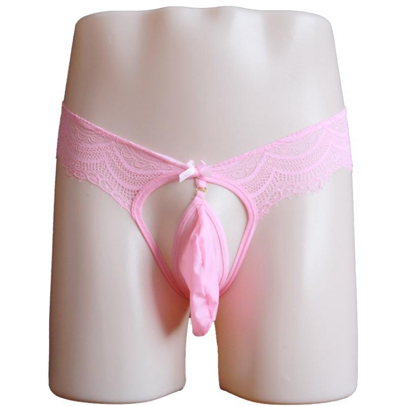 Sissy Lingerie Panties Mens Sexy Pink Lace Jockstraps Underwear Stretchy Removable Bulge Pouch Panties Crossdressers Nightwear