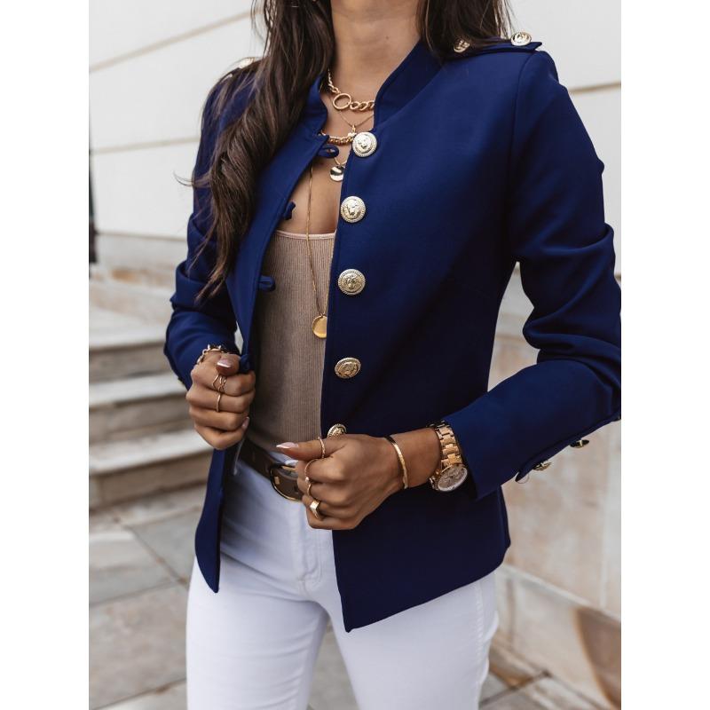 Autumn Winter Stand Collar Solid Color Elegant Fashion Coat Women Single Breasted Jacket Cardigan Blazer Top