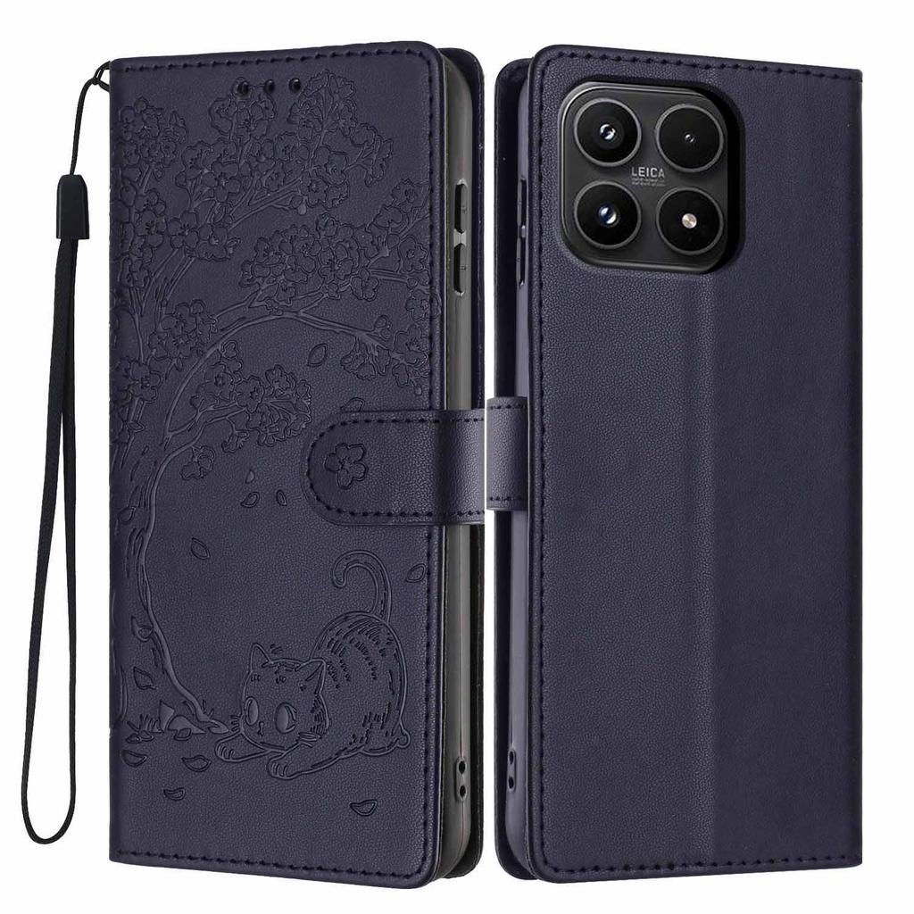 For Xiaomi 17 Stand Case Tree-and-Cat Pattern PU Leather Wallet Protective Phone Cover with Wrist Strap