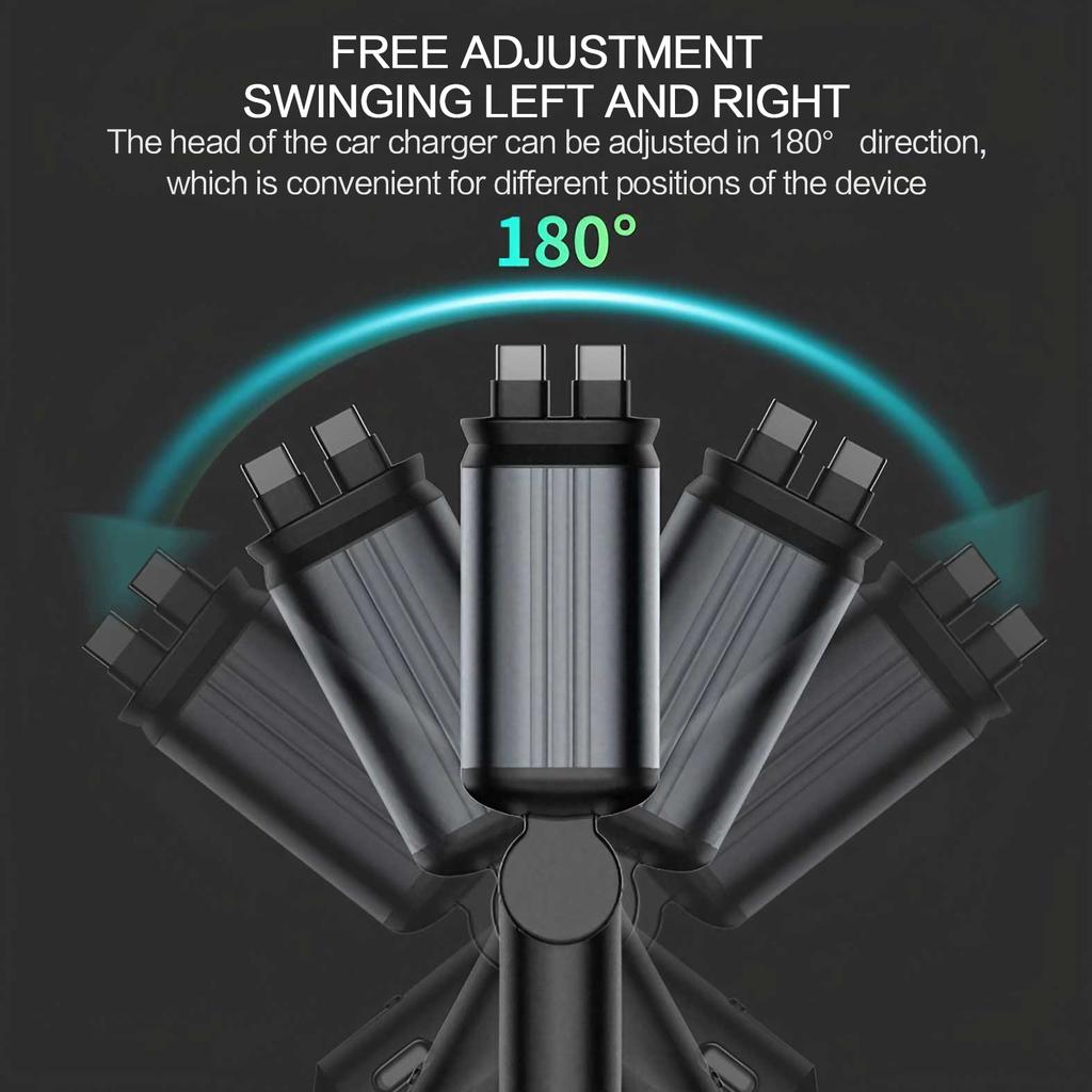 Fast Charging Car Charger 4 In 1 Retractable Car Charger with USB Type-C Cable & 2 Type C Charging Ports, Universal Car Charger