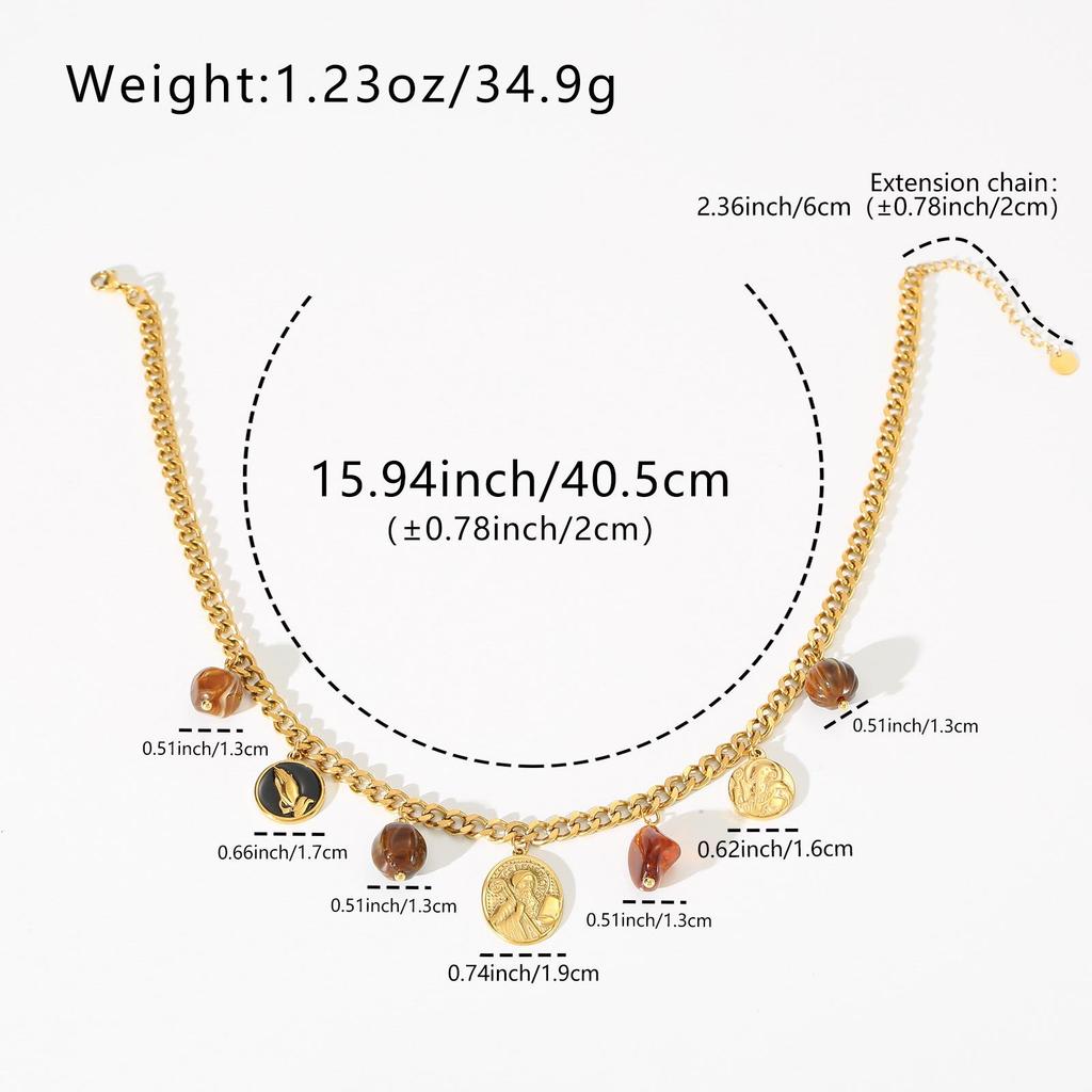 Embossed Saint Icon Pendant with Prayer Charm & Resin Beads On Cuban Chain - Aged Stainless Steel Retro Accessory