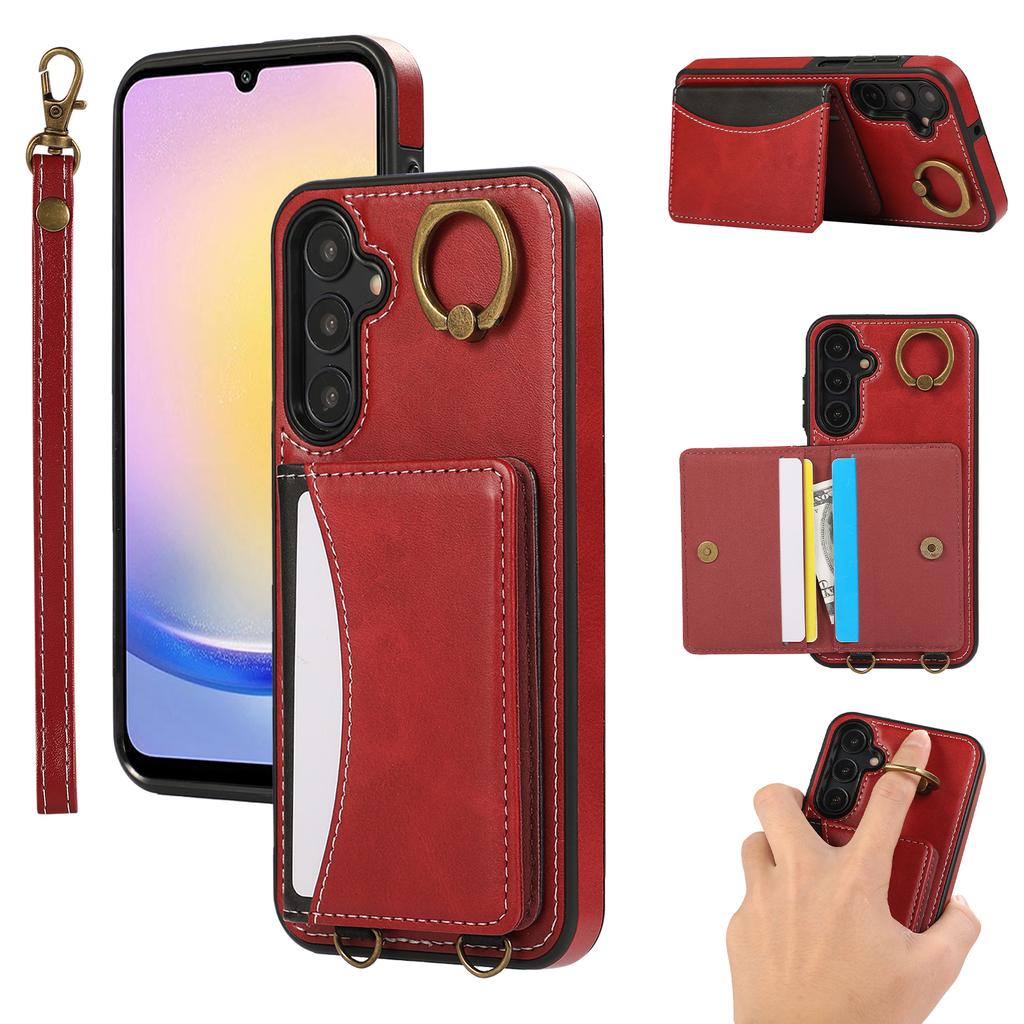 For Samsung Galaxy A24 4G (162.1x77.6x8.3mm) PU Leather Back Case Card Holder Kickstand Phone Cover with Wrist Strap