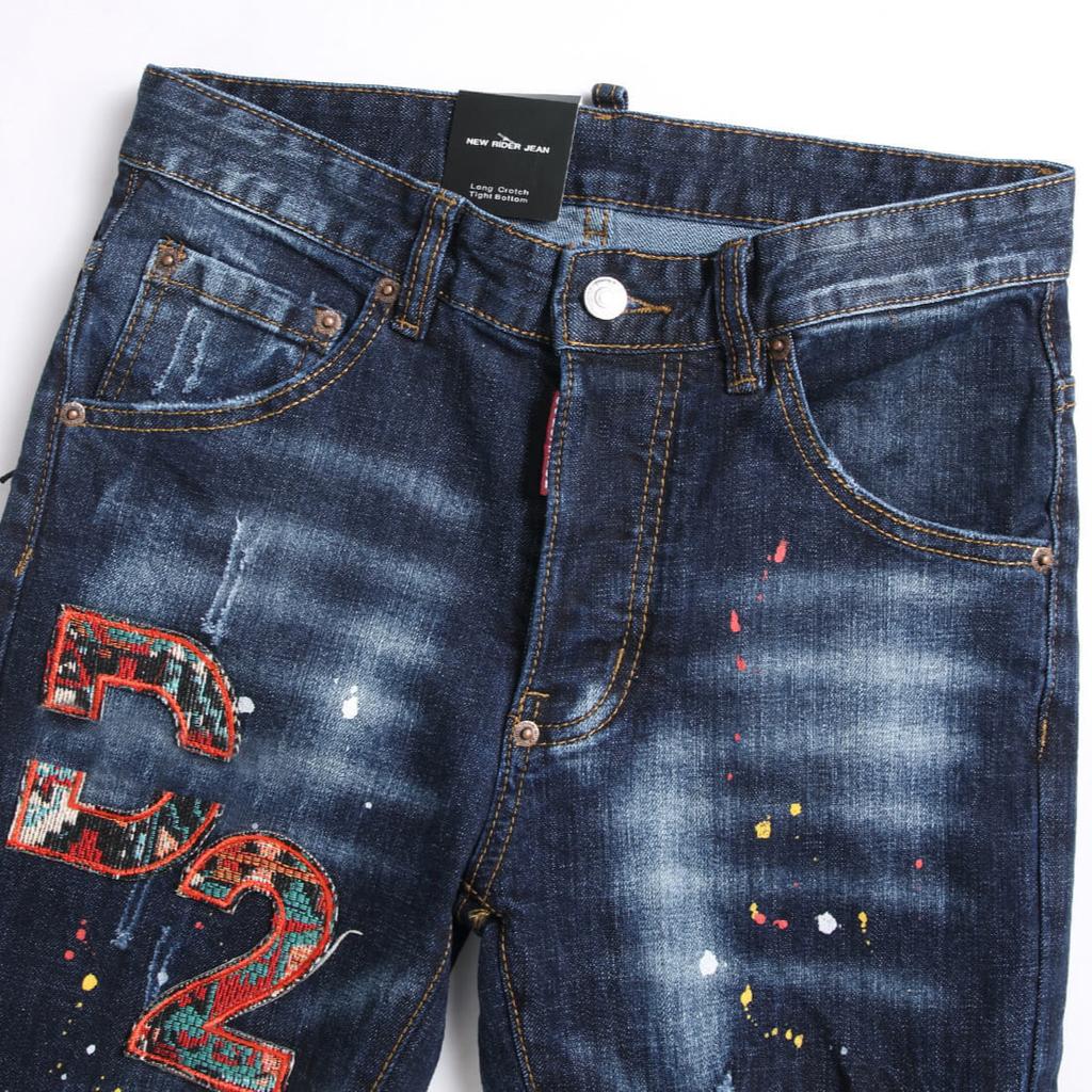 Vintage Badge Distressed Washed Stretch Slim-fit Cropped Mens Denim Jeans D4015
