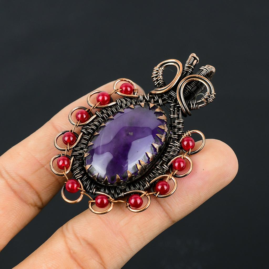 Natural Amethyst, Garnet Gemstone Handmade Copper Wire Wrap Pendant 2.56" R3z27