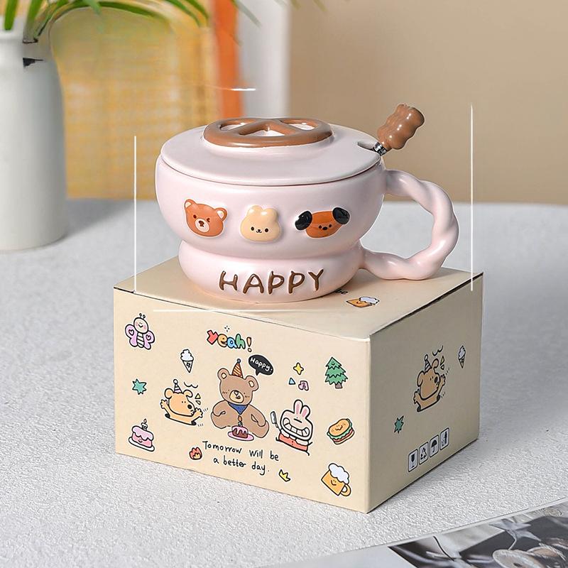 

Милая кружка с крышкой и ложкой Керамические чашки для девочек с высоким внешним видом Детские чашки для дома Чашки для заваривания Легкая еда Чашки для завтрака 380ml