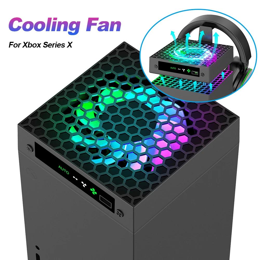 For Xbox Series X RGB Cooling Fan 3 Level Adjustable Speed Temperature-Controlled Cooling Fan System with Headset Holder