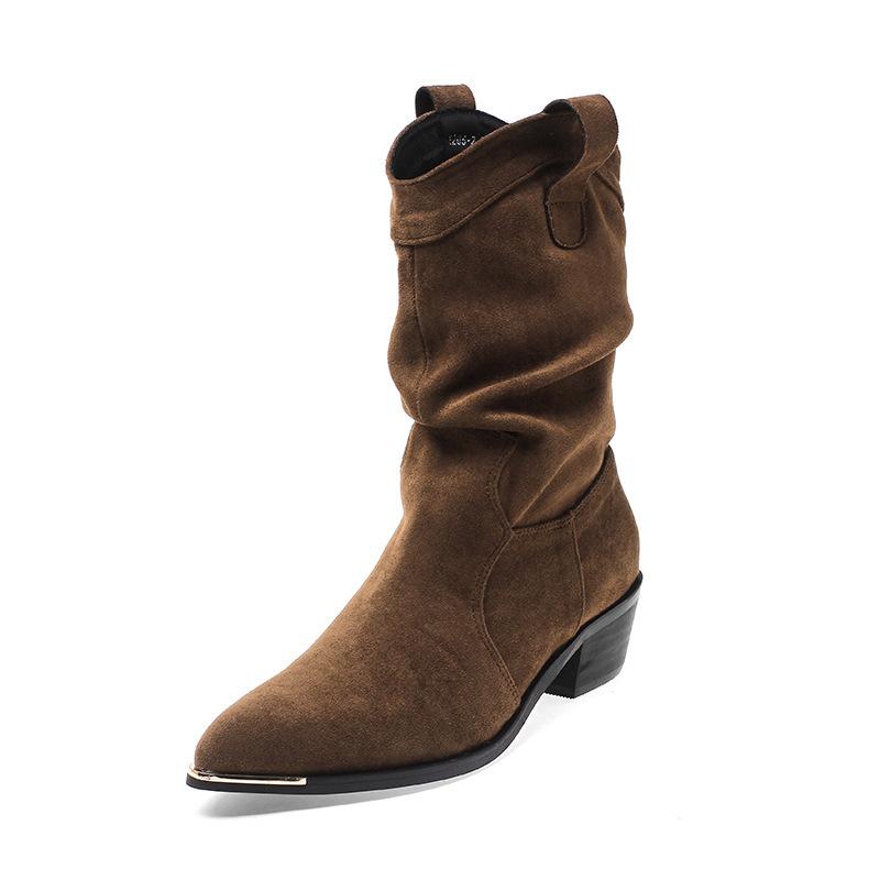 Sharp Pointed Stacking Boots for Women 2025 New Retro Short Boots with Thick Heels Western Cowboy Boots