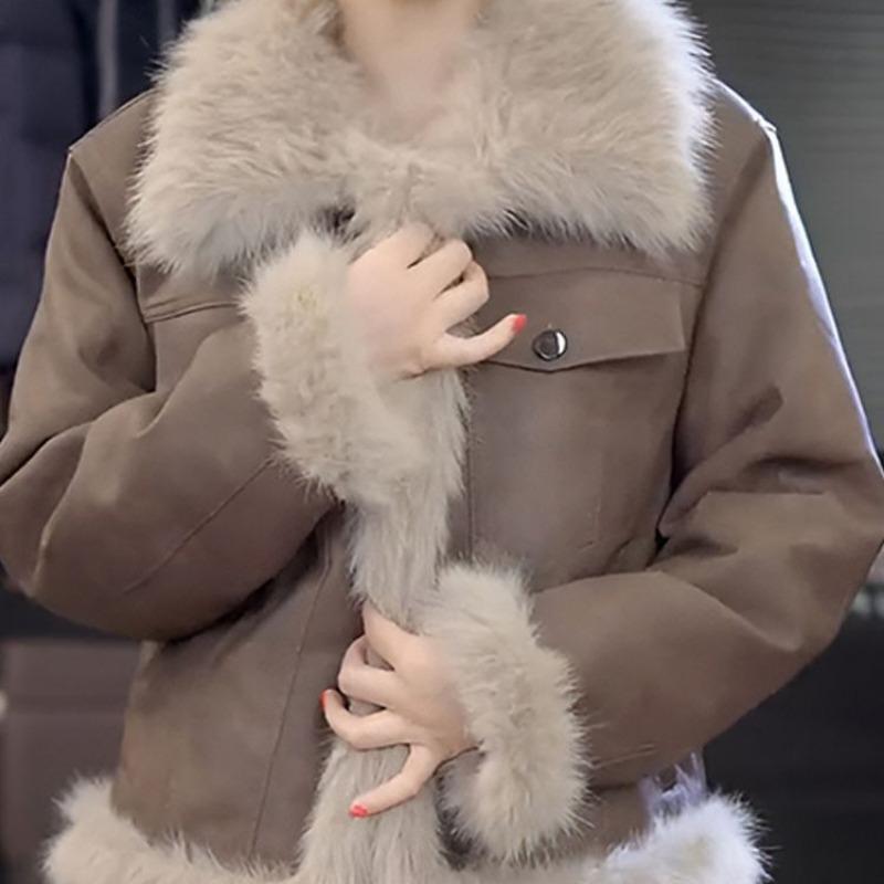 Retro Short Thickened Fur Integrated Jacket Autumn and Winter New Thin Velvet Warm Jacket Locomotive Clothing