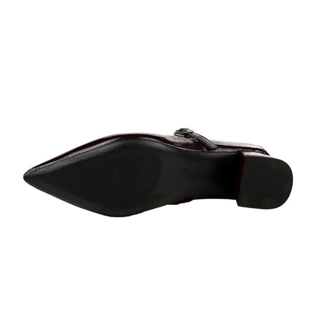 Korean Retro Patent Leather Pumps, Pointed Toe Buckle Design Block Heel Shoes, Simple Comfortable Mid Heel Daily Casual Office Dress Shoes for Women