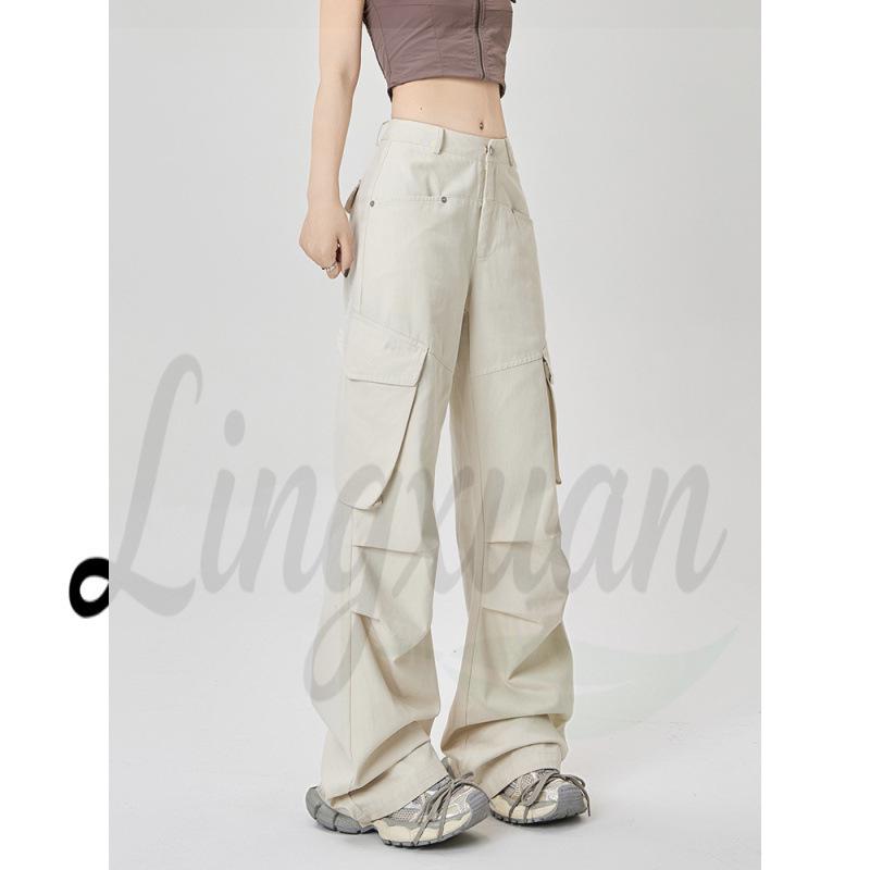 Women's Retro Multi-pocket Cargo Flare Pants - Cool, Loose Streetwear Pleated Style