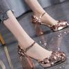 Internet Celebrity Sequins Square Head High Heels Women's 2025 Summer New Square Heel One-word Buckle Socialite Banquet Dress Single Shoes