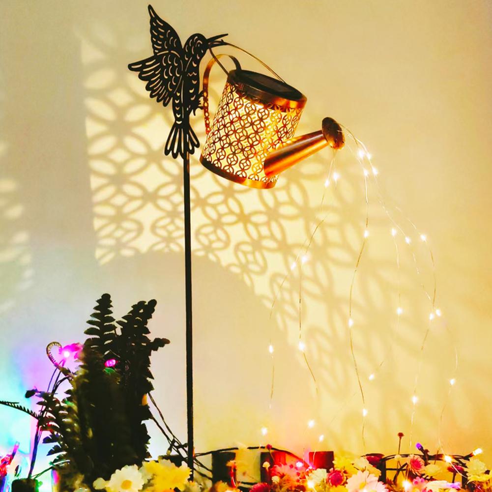 Solar Watering Can Light Metal Hanging Lantern Waterproof Hummingbird Watering Can Light Decorative for Garden Yard Balcony