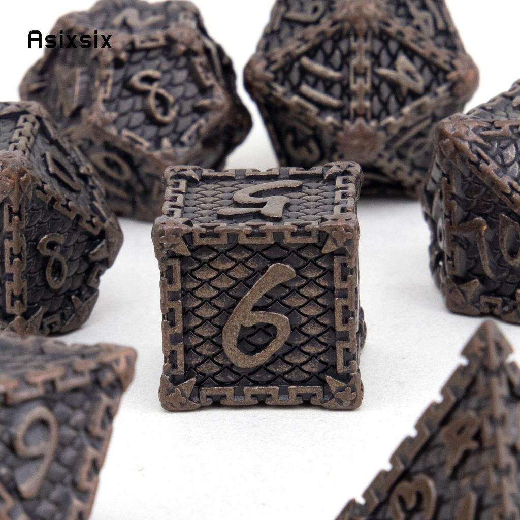 7 Stück braune Fischschuppen-Metallwürfel aus massivem Metall, polyedrisches Würfelset, geeignet für Rollenspiele, RPG-Brettspiele, Kartenspiele