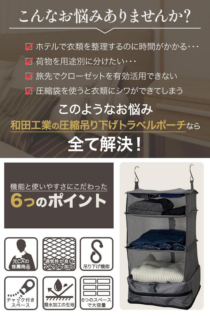 Wada Kogyo Travel Hanging Storage Compression Bag by a Former Flight Travel Convenience Compression Bag for Gray Pouch, [Recommended Attendant] Goods,